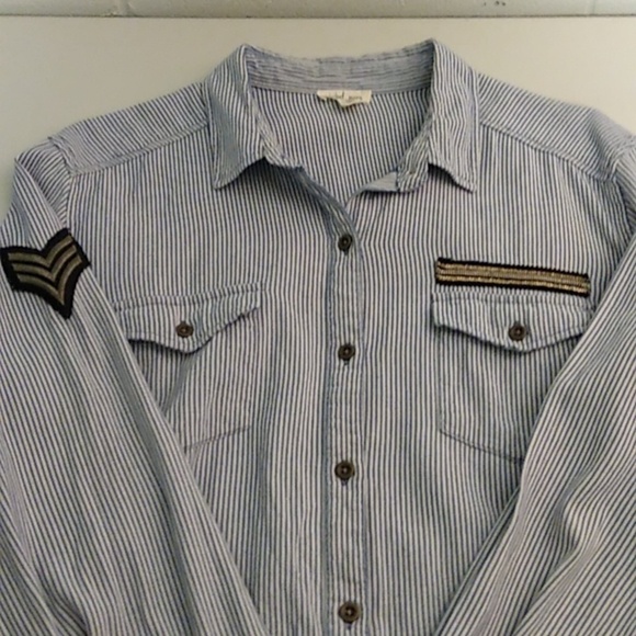 TRIBAL JEANS STREETWEAR RAW HEM MILITARY SOFT WORN DENIM CHAMBRAY STRIPE SHIRT - Picture 4 of 13